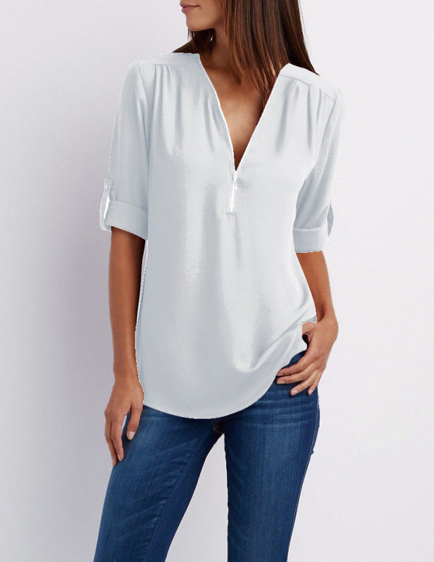 V-Ausschnitt Reißverschluss große Größe Langarm-Pullover aus Chiffon für Pendler mit lockerem Schnitt