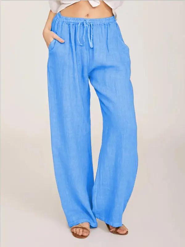 Blue casual cotton drawstring pajama pants with pockets