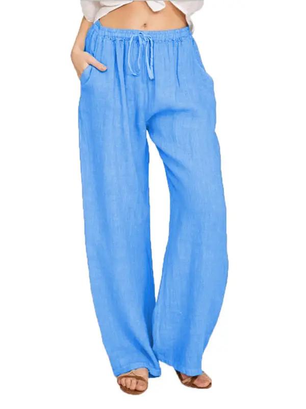 Blue cotton loose pajama pants with drawstring and pockets