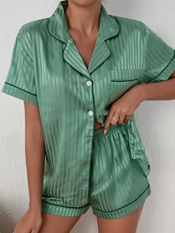 Green striped cropped shirt and shorts pajama set