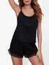 Black mesh trimmed suspender top and shorts set