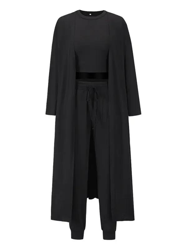 Front view of black knitted three-piece loungewear set