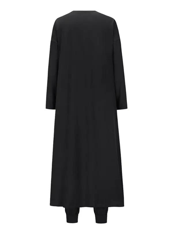 Back view of black knitted long jacket and trousers
