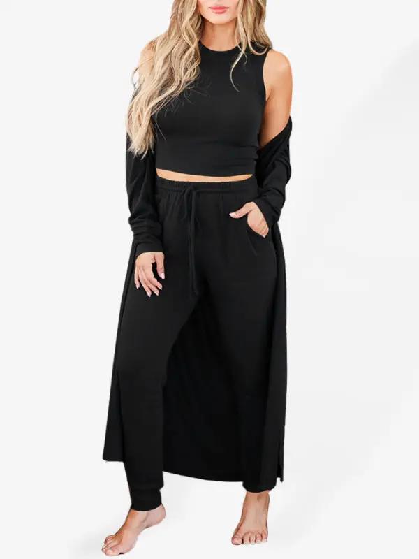 Black knitted jacket, vest, and trousers set for women