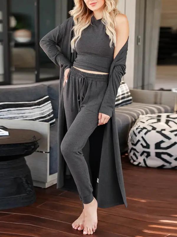Gray knitted jacket, vest, and trousers set for women