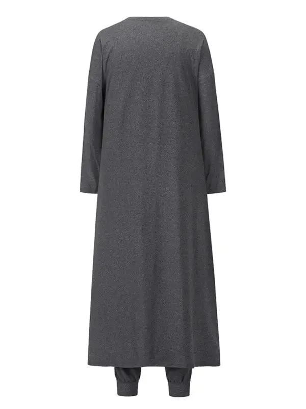 Back view of gray knitted long jacket and trousers