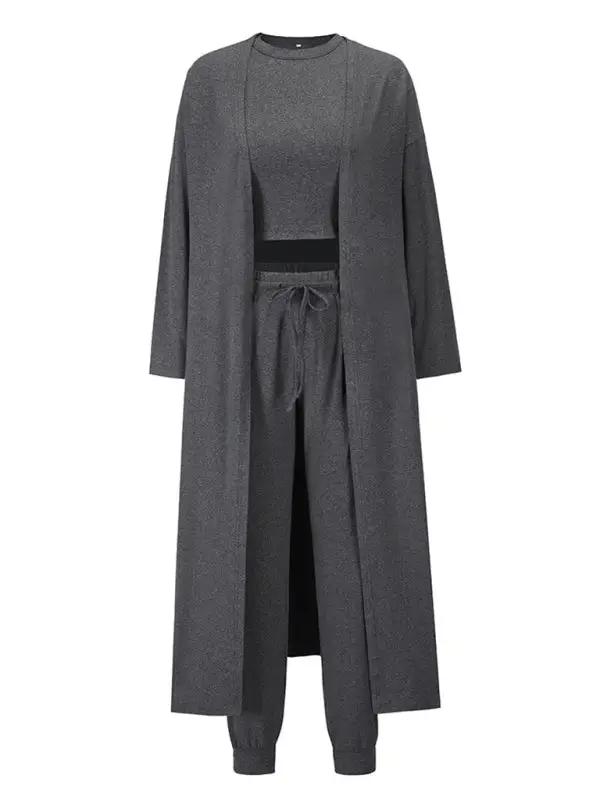 Front view of gray knitted three-piece loungewear set