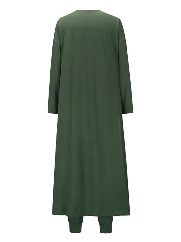 Back view of green knitted long jacket and trousers