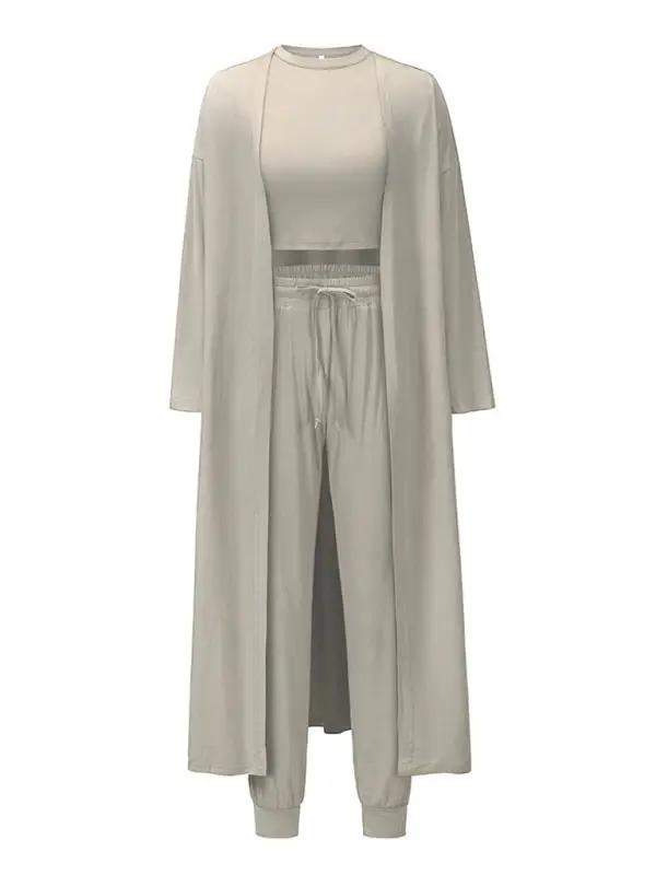 Front view of beige knitted three-piece loungewear set