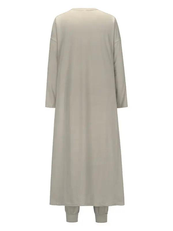 Back view of beige knitted long jacket and trousers