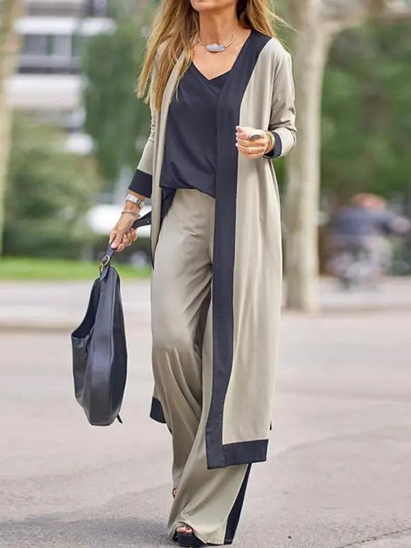 Model wearing beige and black three-piece casual set