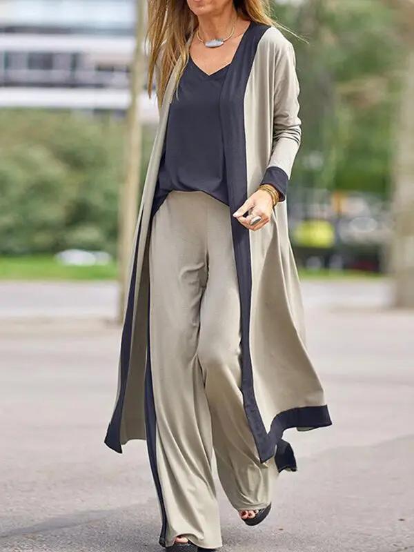 Beige and black casual three-piece outfit on a model