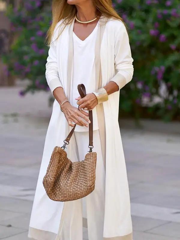 White and beige three-piece casual set with handbag