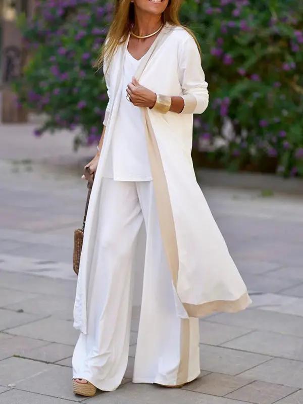 Model in white and beige casual three-piece set