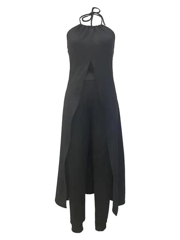 Front view of black halter neck top and pants set