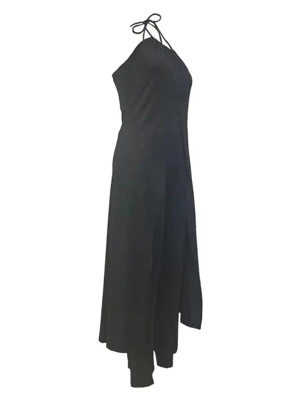 Side view of black halter neck top and pants set