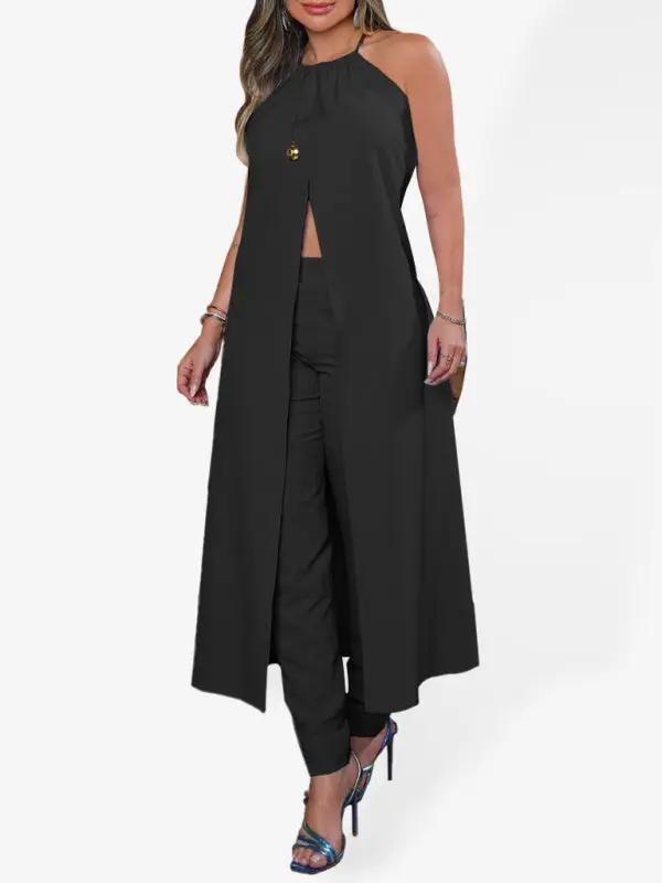 Black halter neck sleeveless top and pants set