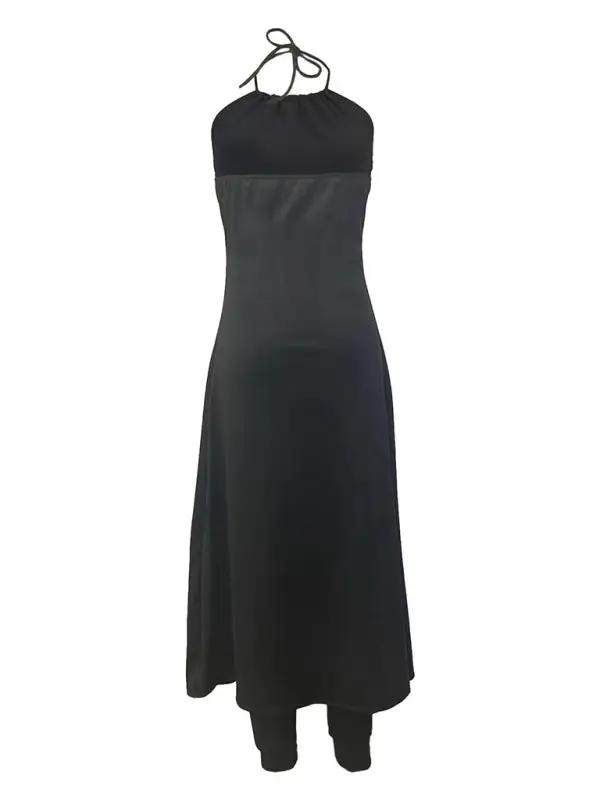 Back view of black halter neck top and pants set