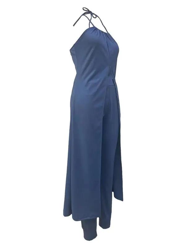 Side view of blue halter neck top and pants set