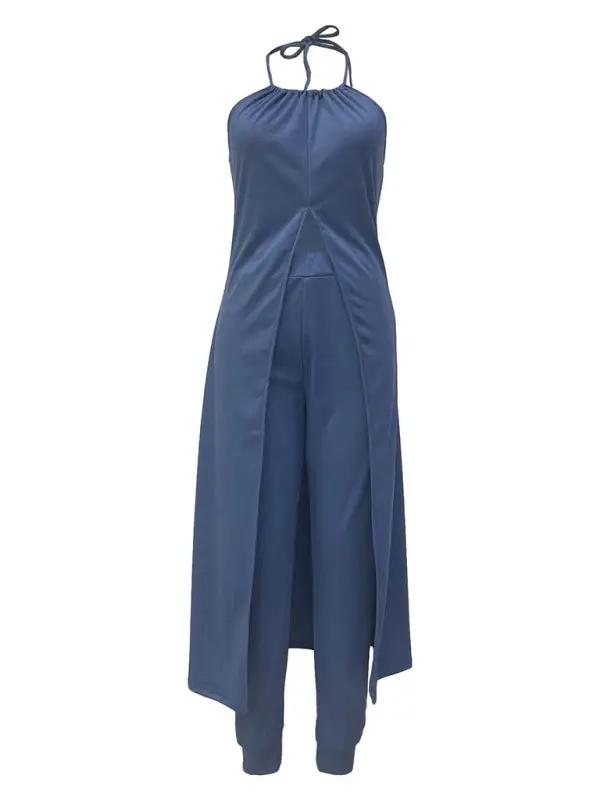 Front view of blue halter neck top and pants set