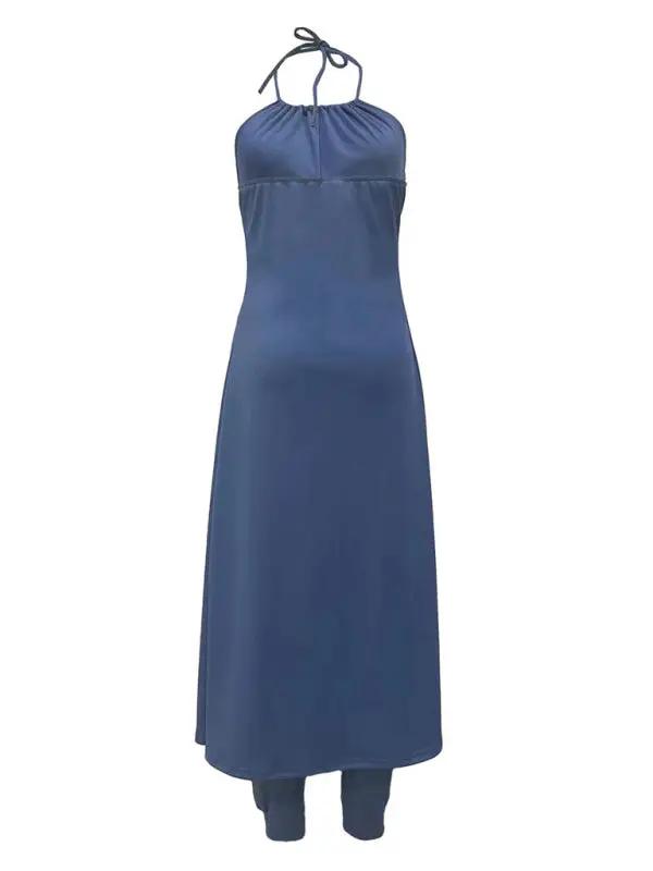 Back view of blue halter neck top and pants set