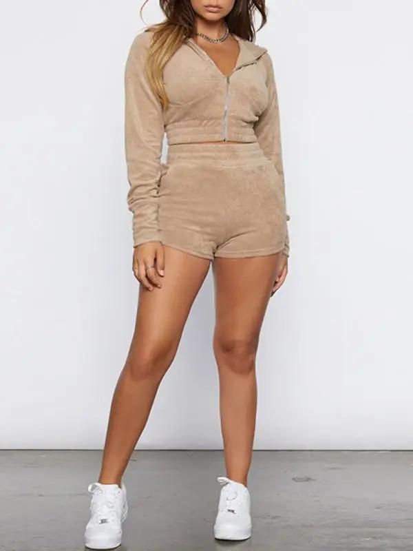Beige velvet hooded jacket and shorts two-piece set, front view