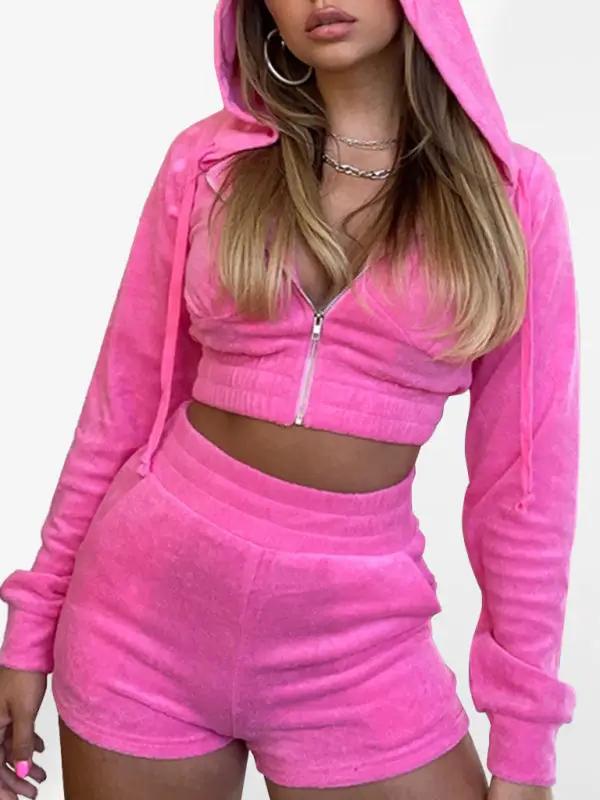 Pink velvet hooded jacket and shorts two-piece set, front view