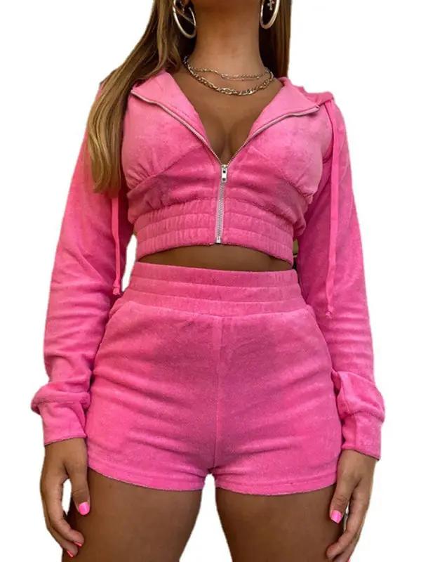 Pink velvet hooded jacket and shorts set, front view