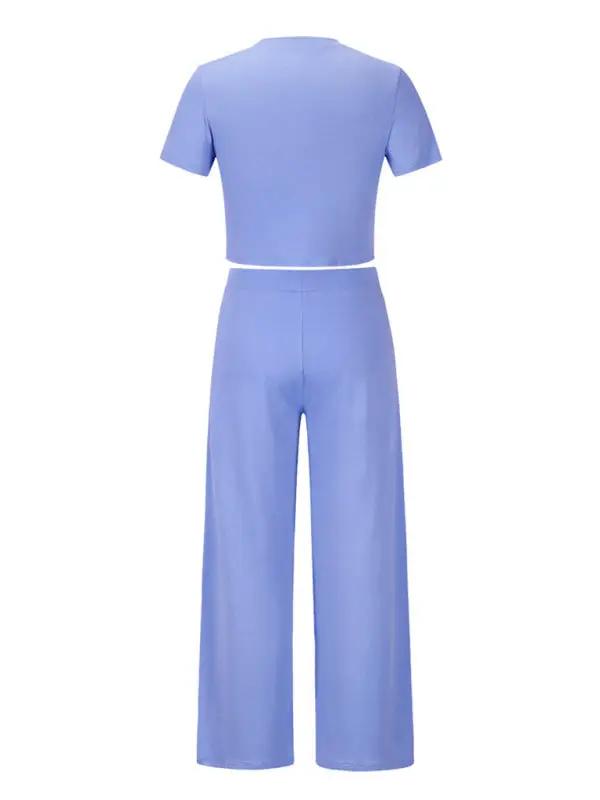 Back view of blue two-piece set with T-shirt and trousers
