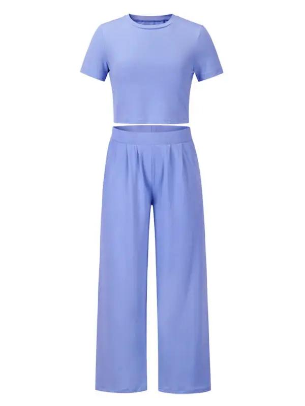 Blue two-piece set with round neck T-shirt and wide-leg trousers