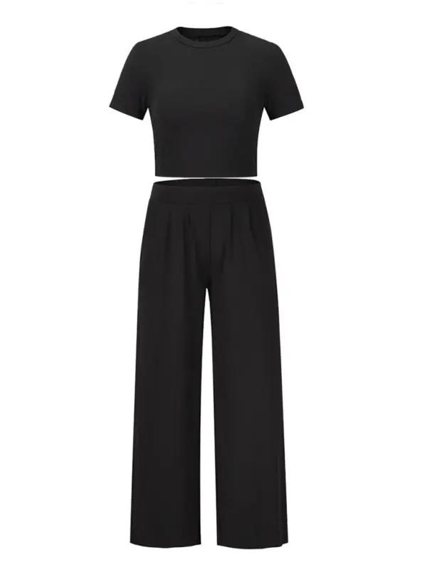 Black two-piece set with round neck T-shirt and wide-leg trousers