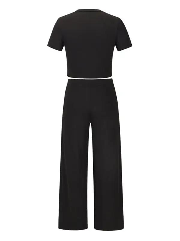 Back view of black two-piece set with T-shirt and trousers