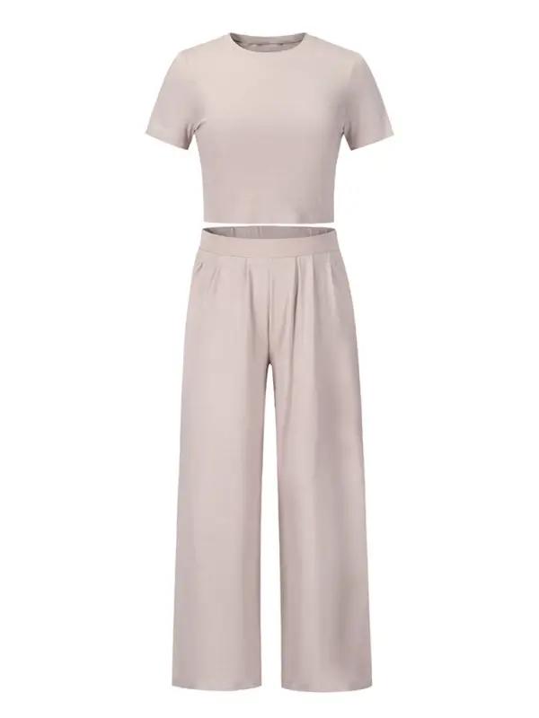 Beige round neck short-sleeved T-shirt and trousers set