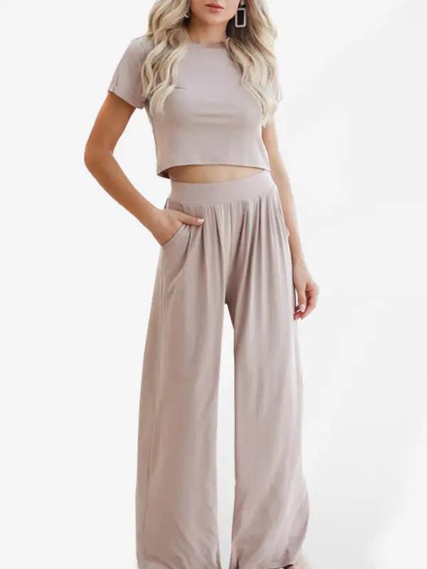 Beige two-piece set with round neck T-shirt and wide-leg trousers