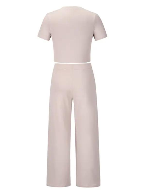Back view of beige two-piece set with T-shirt and trousers