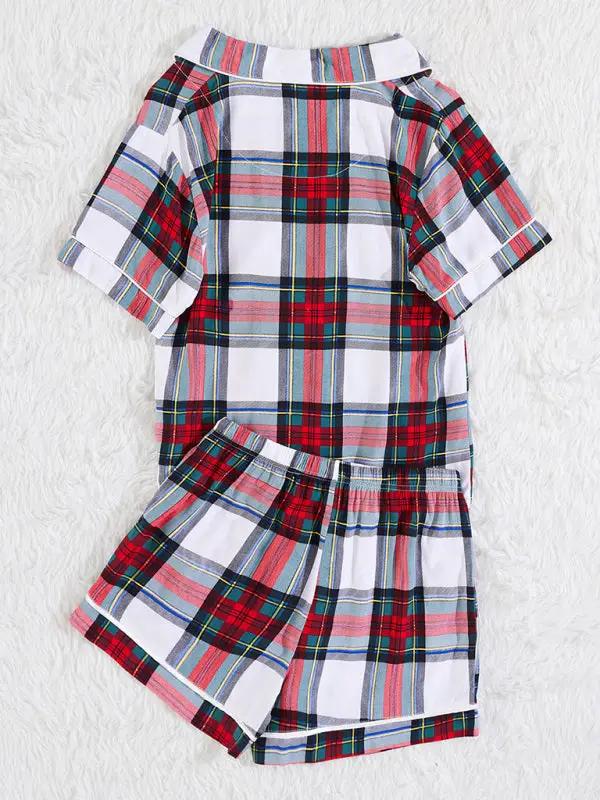 Plaid short sleeve shorts homewear set laid flat