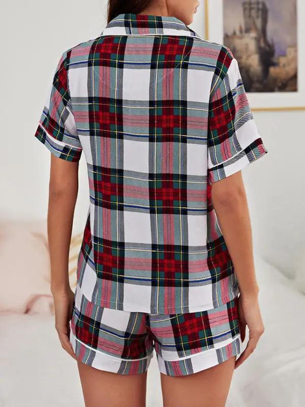 Back view of plaid short sleeve shorts homewear set