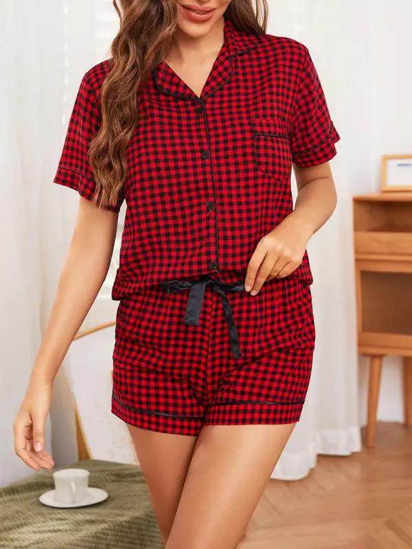 Red plaid short sleeve shorts homewear set, front view.