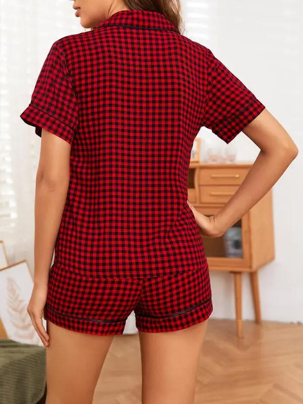Red plaid short sleeve shorts homewear set, back view.