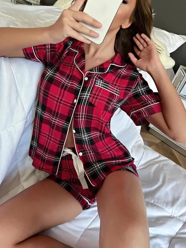 Plaid pajama set with short sleeves, lounging on bed
