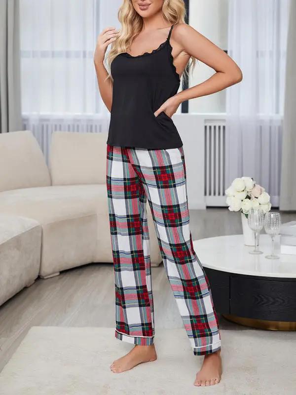 Homewear set with plaid trousers and black top