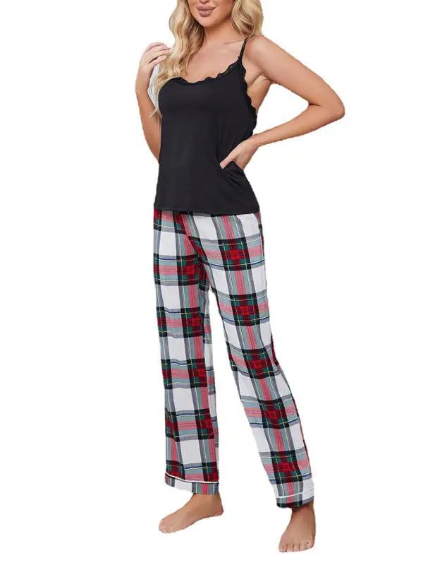 Plaid pajama pants and black top set