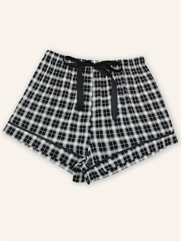Plaid short pajama pants with black ribbon tie