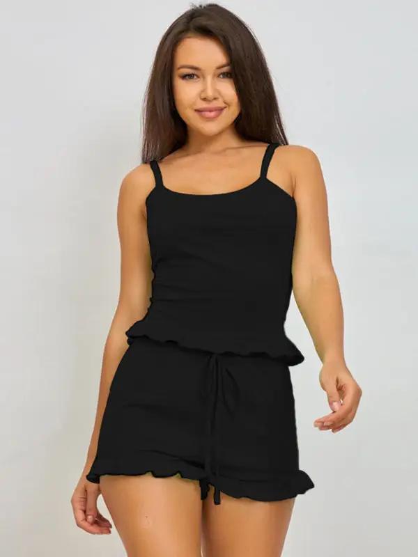 Black ribbed loungewear set with ruffle trim