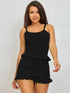 Black ribbed loungewear set with ruffle trim