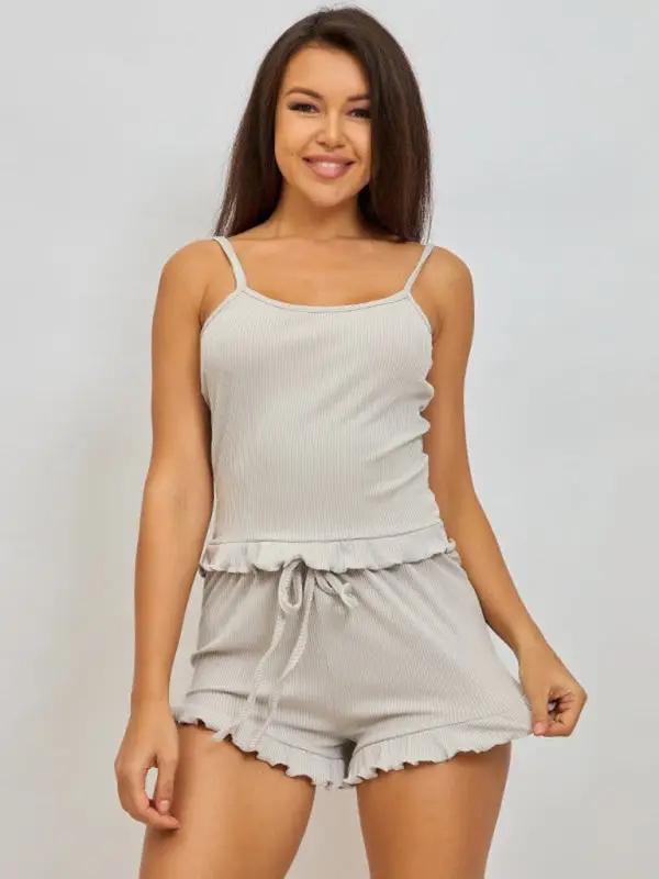 Gray ribbed loungewear set with ruffle trim