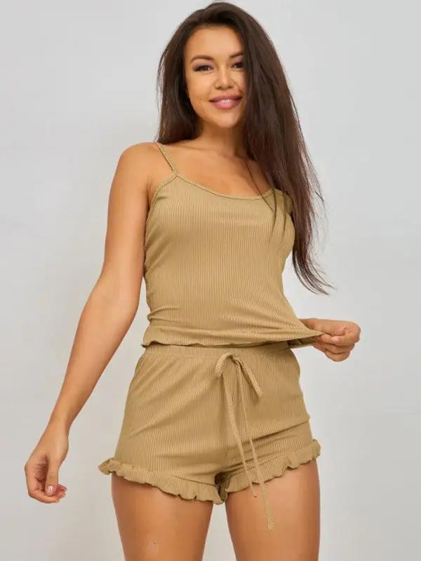 Beige ribbed loungewear set with ruffle trim