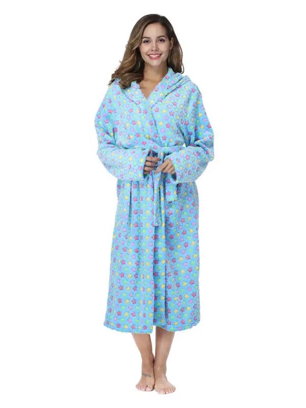 Blue floral print flannel robe with lapel