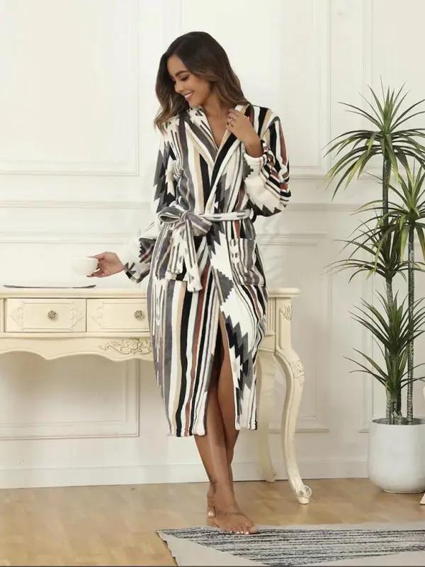 Striped flannel robe with lapel and belt