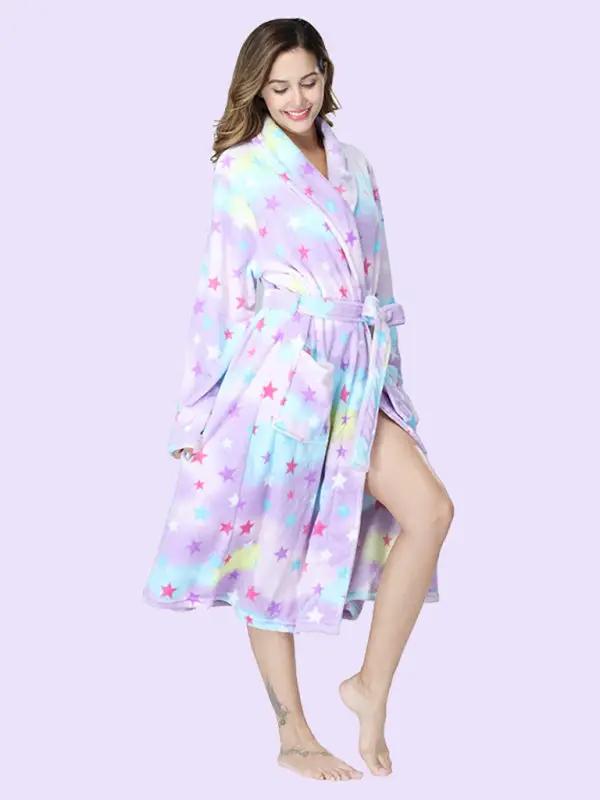 Pastel star print flannel robe with lapel